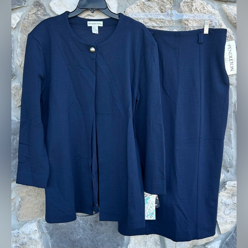 Vintage Pendleton Wool Womens Suit Set Sz L Navy Blue Jacket Skirt NEW OLD STOCK